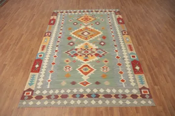 Green Wool Kilim Flat Weave Area Rug 7x10