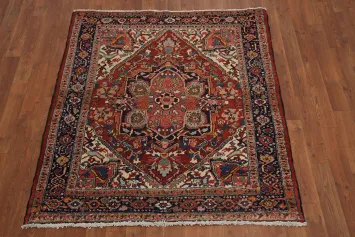 Pre-1900 Antique Heriz Serapi Vegetable Dye Persian Rug 4x4