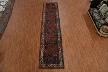 Pre-1900 Vegetable Dye Bidjar Halvaei Persian Runner Rug 4x18