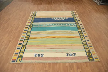 Vibrant Striped Kilim Are Rug 8x10 with Intricate Border Detail