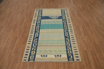 Handwoven Tribal Kilim Rug 5x8 Featuring Bold Blue Geometric Borders
