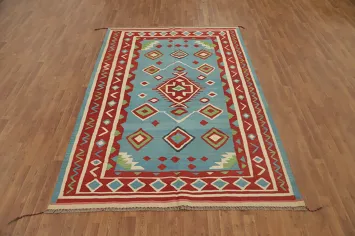 Light Blue Geometric Wool Kilim Area Rug 6x9