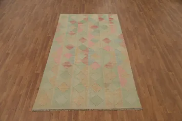 Pastel Geometric Delight Rustic Charm Kilim Wool Rug 5x8