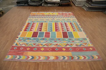 Elevate Your Decor with Multi-Colored Geometric Large Kilim Rug 10x13