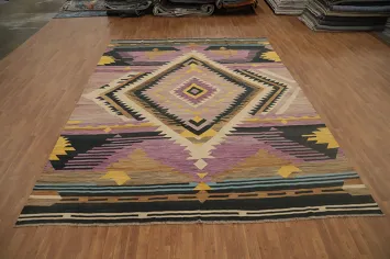 Southwestern Diamond Kilim Area Rug 10x13 with Vibrant Purple Highlights