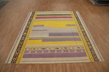 Unique Yellow & Purple Kilim Area Rug 9x10 with Traditional Borders