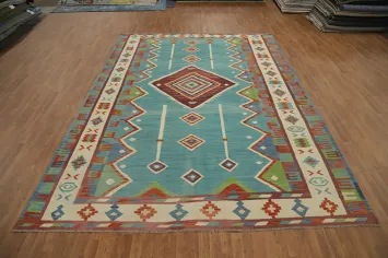 Handmade Blue Kilim Large Area Rug 10x13