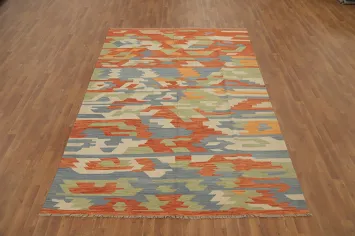 Colorful Contemporary Kilim Area Rug 7x10 Featuring Abstract Shapes