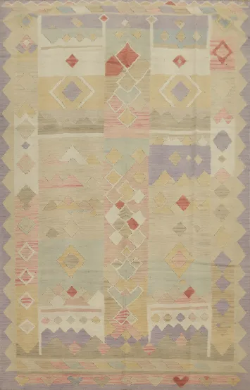 Pastel Geometric Patterns Woven into Wool Kilim Rug 6x8 Artwork