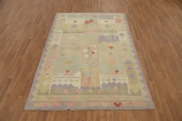 Pastel Geometric Patterns Woven into Wool Kilim Rug 6x8 Artwork