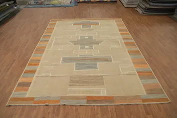 Earth-Toned Geometric Design Kilim Rug 10x13 for Contemporary Spaces