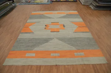 Stylish Gray and Orange Patterned Kilim Large Rug 10x13 for Living Rooms