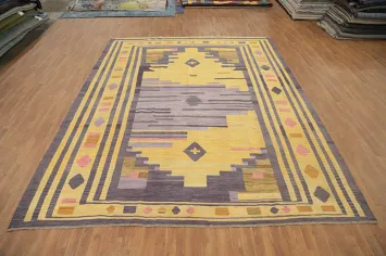 Unique Large Kilim Rug 10x13 with Symmetrical Design and Soothing Color Palette