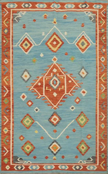 Light Blue Geometric Kilim Handwoven Area Rug 7x10