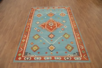 Light Blue Geometric Kilim Handwoven Area Rug 7x10