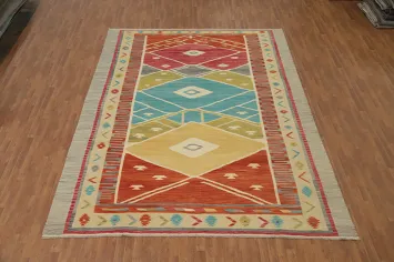 Multicolor Tribal Inspired Kilim Area Rug 10x13 with Diamond Motifs