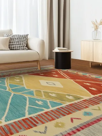 Multicolor Tribal Inspired Kilim Area Rug 10x13 with Diamond Motifs