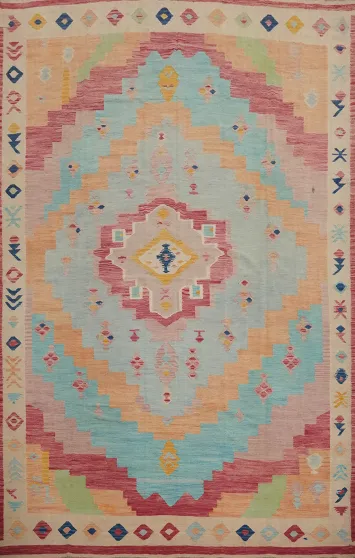 Vibrant Kilim Area Rug 10x13 with Pastel Hues Symmetrical Design