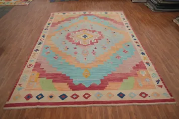 Vibrant Kilim Area Rug 10x13 with Pastel Hues Symmetrical Design