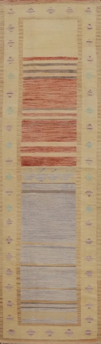 Handcrafted Kilim Runner Rug 3x12 Earthy Tones and Soft Pastels