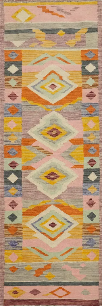 Eclectic Multi-Color Kilim Runner Rug 2x8 Bold Geometric Designs