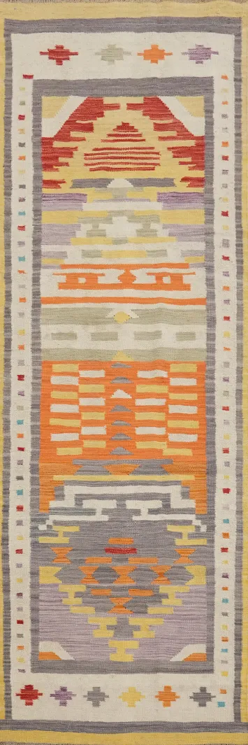 Vibrant Geometric Pattern Kilim Runner Rug 3x10