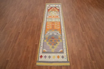 Vibrant Geometric Pattern Kilim Runner Rug 3x10