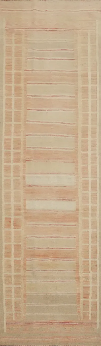 Chic Soft-Toned Kilim Runner Rug 3x12 With Subtle Geometric Design