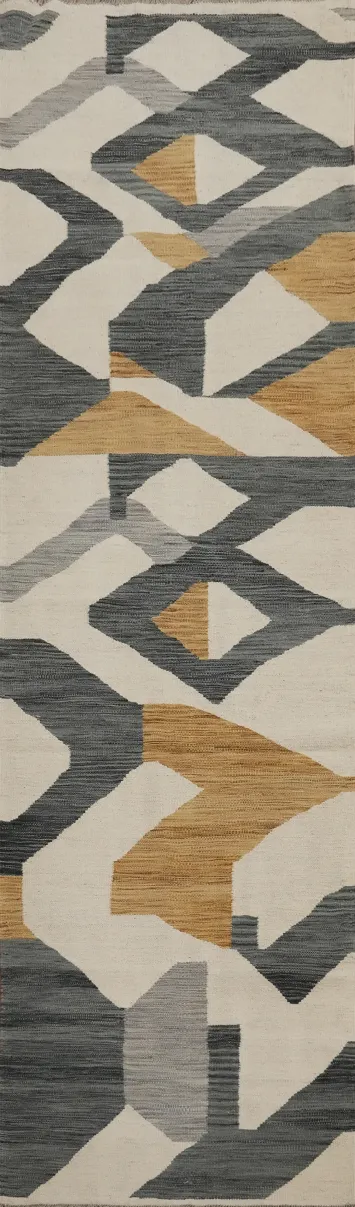Modern Geometric Kilim Runner Rug 3x10 with Bold Neutral Tones