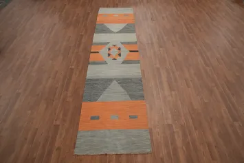 Southwestern Gray Kilim Runner Rug 3x12 with Orange Highlights