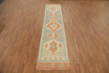 Geometric Wool Kilim Flat Weave Runner Rug 3x12