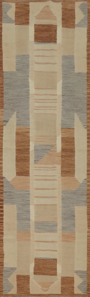 Modern Geometric Kilim Runner Rug 3x12 with Warm Earth Tones