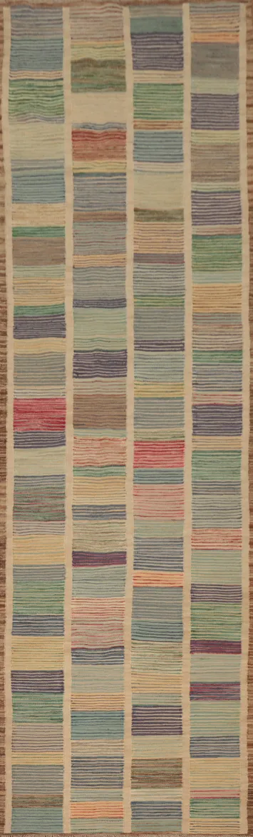 Colorful Linear Patterned Kilim Runner Rug 3x12 for Modern Spaces
