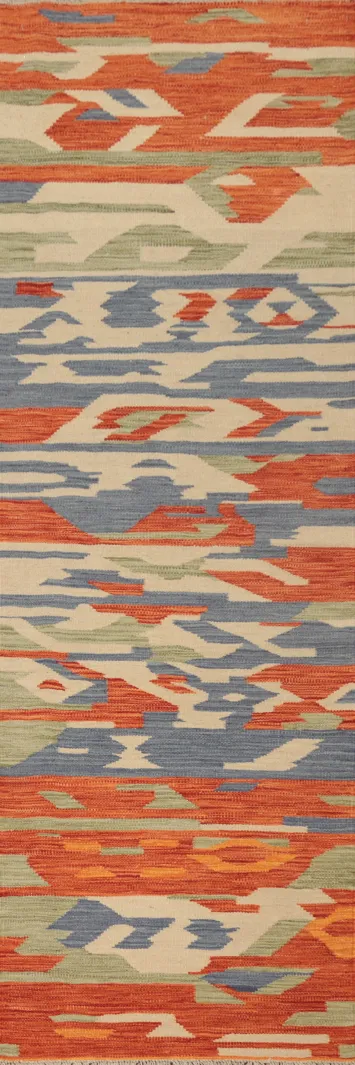 Bold Kilim Runner Rug 2x8 with Abstract Geometric Patterns