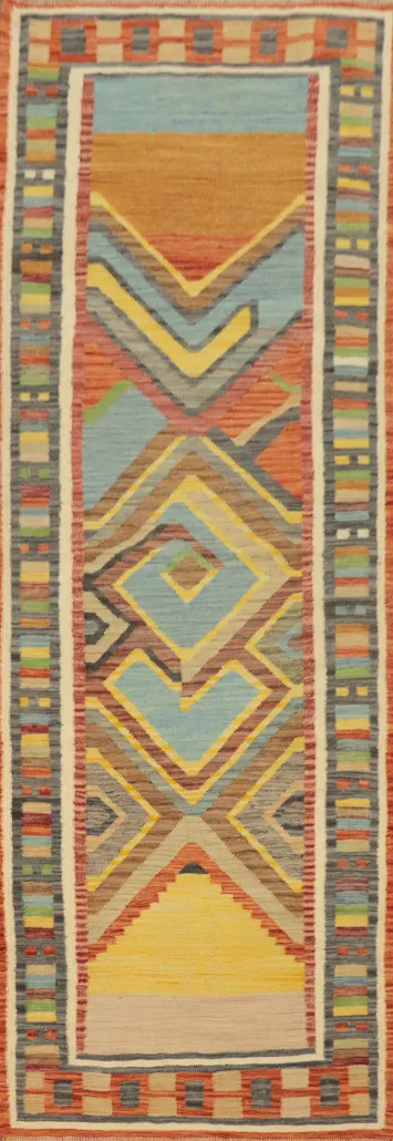 Eclectic Abstract Kilim Runner Rug 3x10 with Geometric Designs