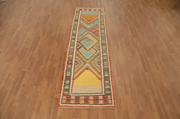 Eclectic Abstract Kilim Runner Rug 3x10 with Geometric Designs