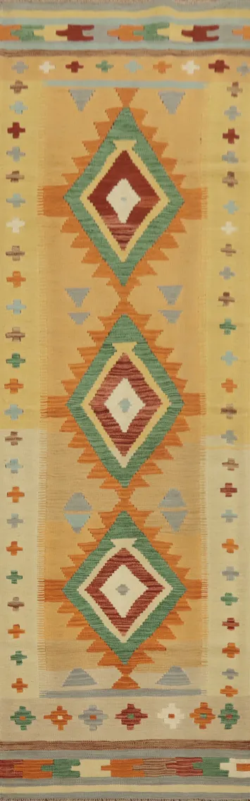 Vibrant Southwestern Kilim Runner Rug 3x11 with Diamond Patterns