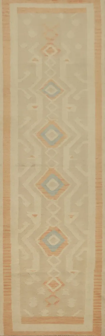 Earthy Geometric Design Kilim Runner Rug 3x12 with Subtle Pastel Hues