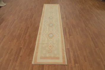 Earthy Geometric Design Kilim Runner Rug 3x12 with Subtle Pastel Hues