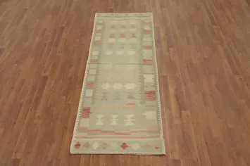 Geometric Wool Kilim Flat Weave Runner Rug 3x8