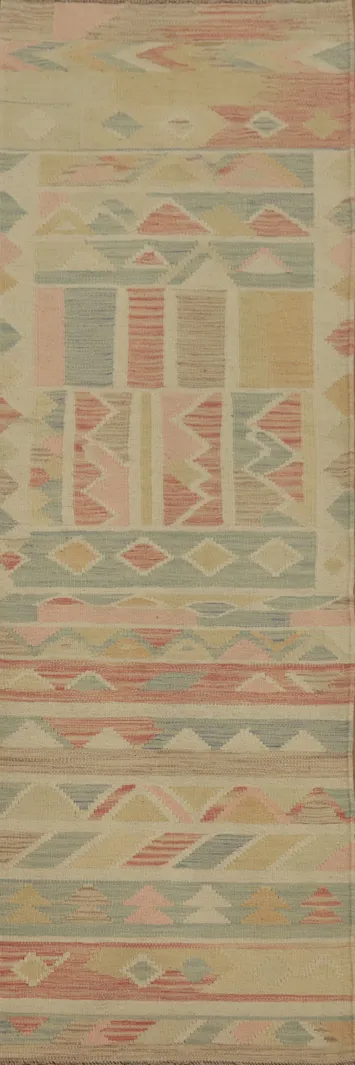 Soft Colored Kilim Runner Rug 2x8 with Intricate Geometric Design