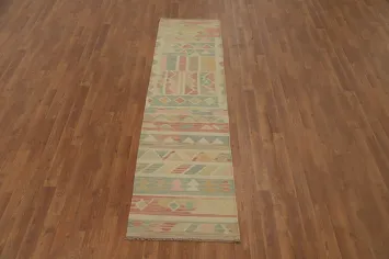 Soft Colored Kilim Runner Rug 2x8 with Intricate Geometric Design