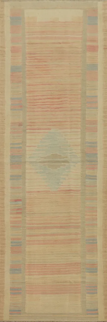 Geometric Wool Kilim Vegetable Dye Runner Rug 3x10