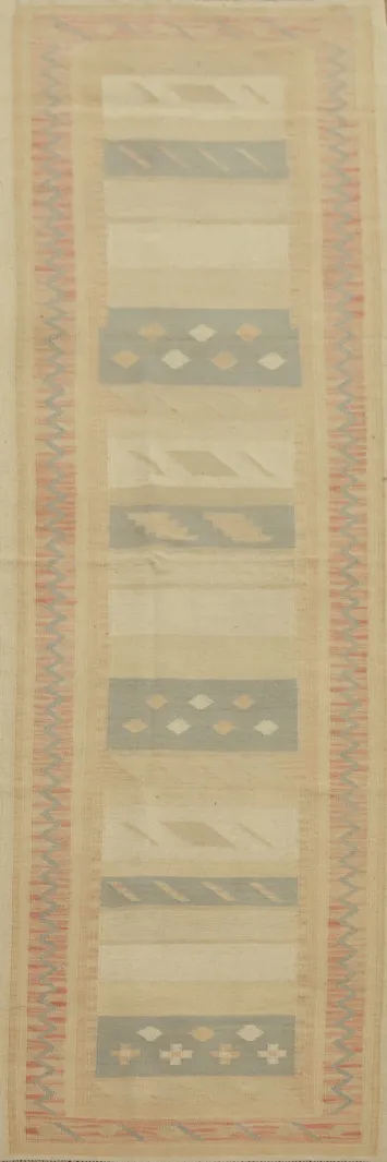 Geometric Wool Kilim Vegetable Dye Runner Rug 3x11