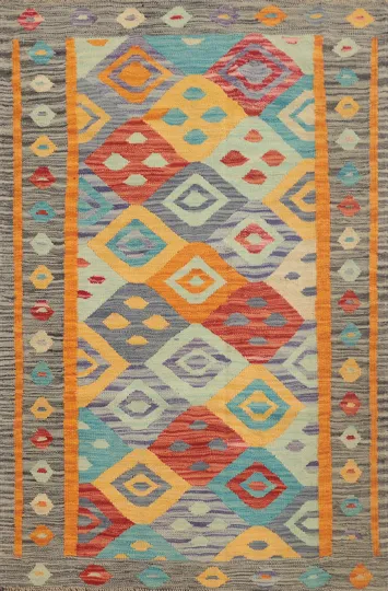 Multicolored Geometric Kilim Rug 3x5 with Vibrant Diamond Patterns