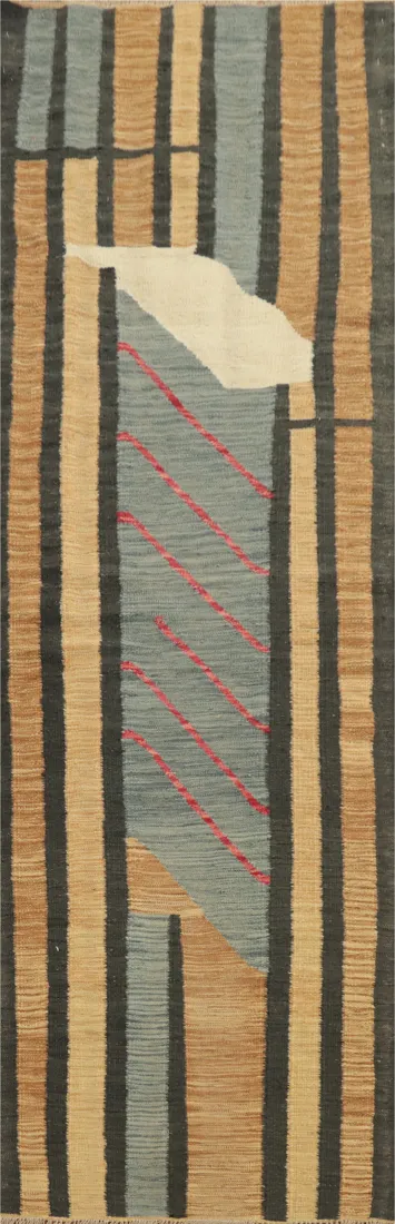 Modern Wool Kilim Vegetable Dye Runner Rug 2x8