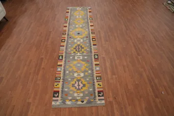 Geometric Wool Kilim Flat Weave Runner Rug 3x12