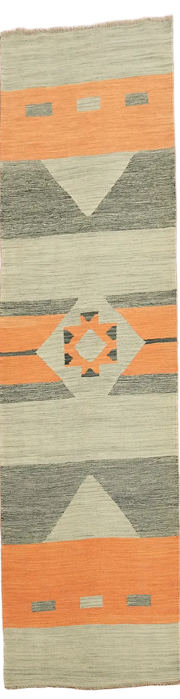 Southwestern-Inspired Kilim Runner Rug with Geometric Design 2x10 ft