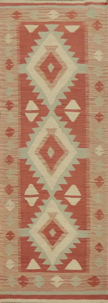 Tribal Pattern Warm Terracotta Kilim Runner Rug 2x8
