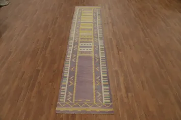 Elegant Purple and Gold Geometric Kilim Runner Rug 3x12